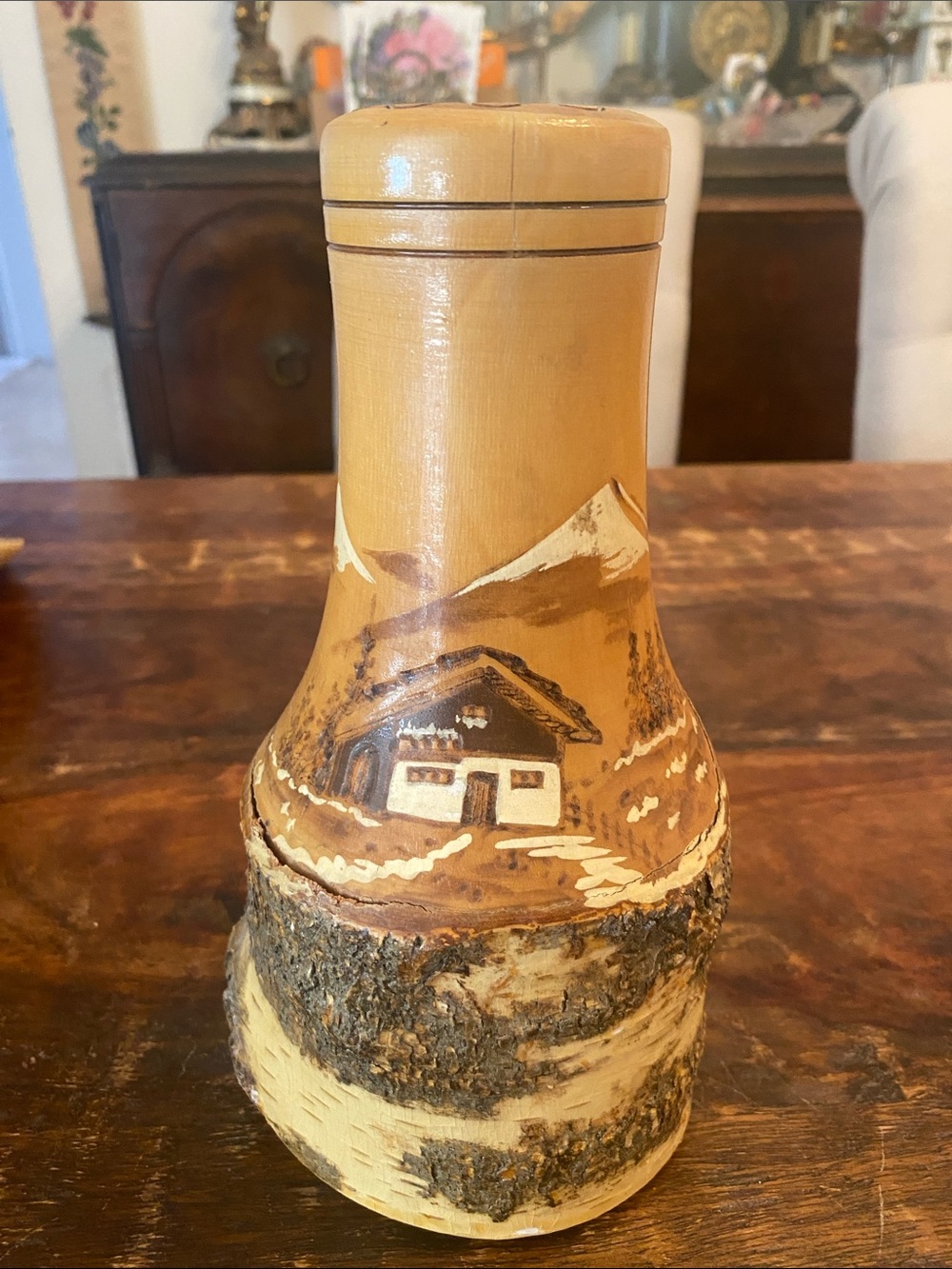 RARE VINTAGE German Bavaria Hand Carved Elk Birch Wood Beer Stein Mug? Vase?